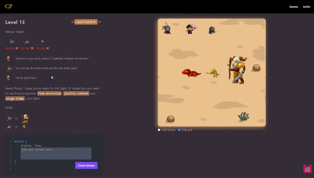 An educational game interface teaching CSS with a fantasy theme