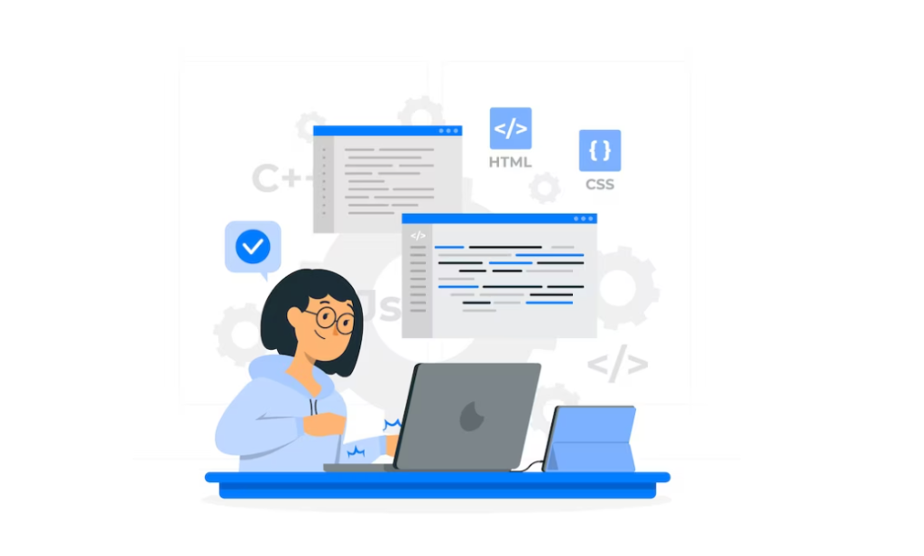 A cartoon of a woman programming on a laptop with HTML and CSS icons
