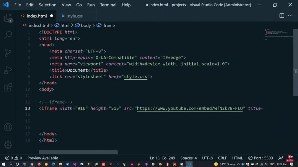 A screenshot of Visual Studio Code editor with HTML for embedding a video