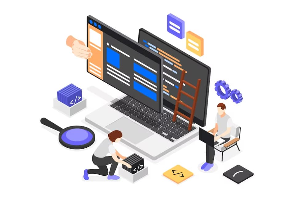 Isometric view of developers working with a laptop and web development elements
