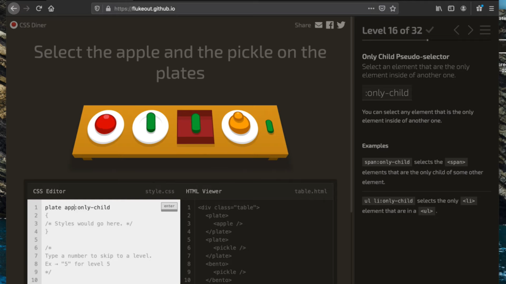 A screenshot of CSS Diner, a game to learn CSS selectors