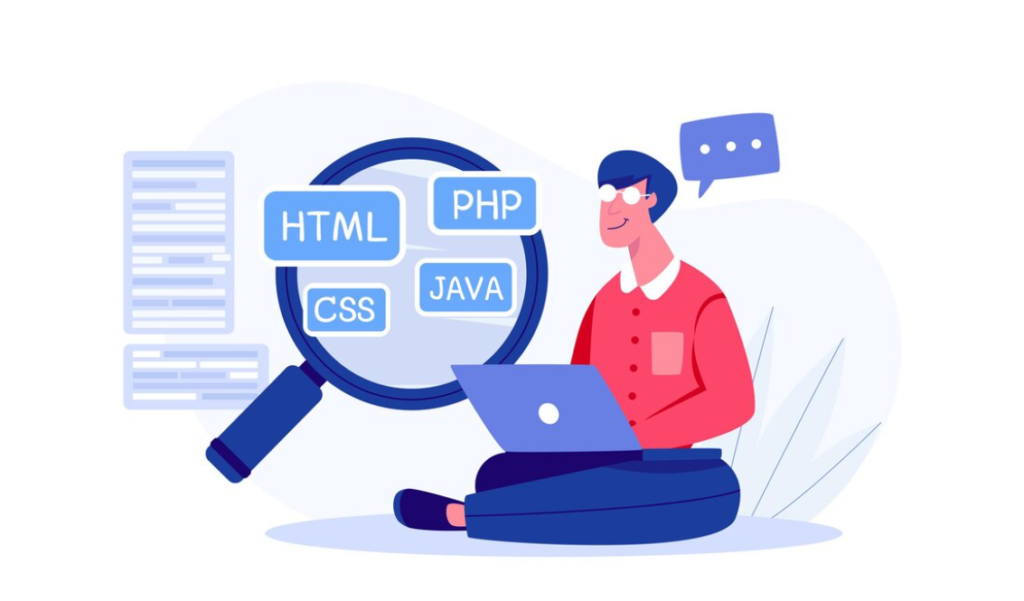 An illustration of a person learning code languages with a magnifying glass