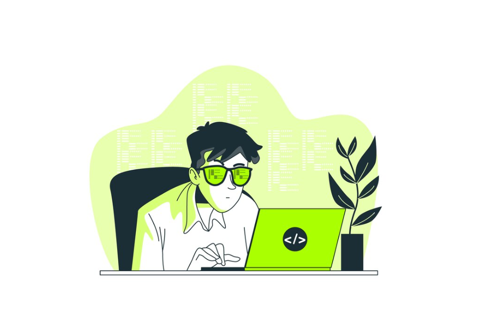 a person wearing glasses working on a laptop with code