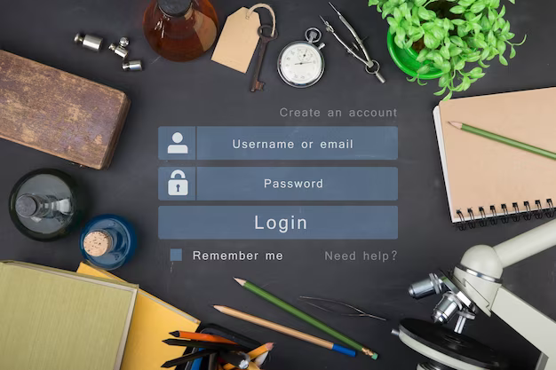 Registration screen design on table with various items