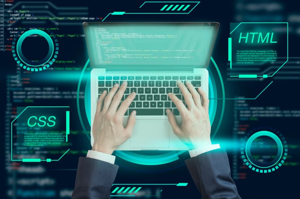 A person coding with futuristic HTML and CSS holographic interfaces