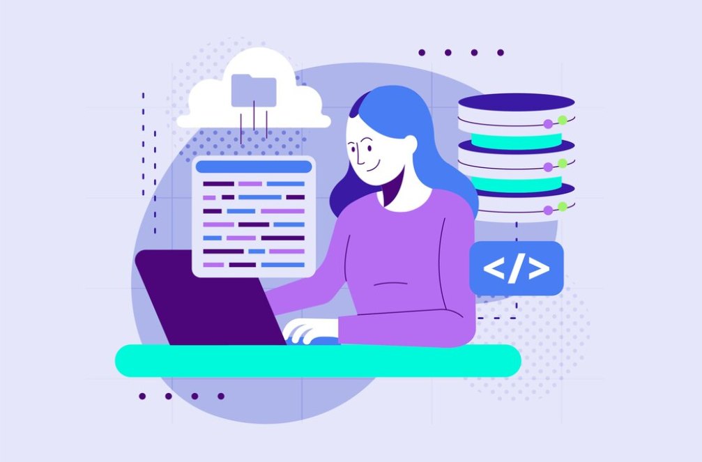 A woman works with code and cloud services on her laptop