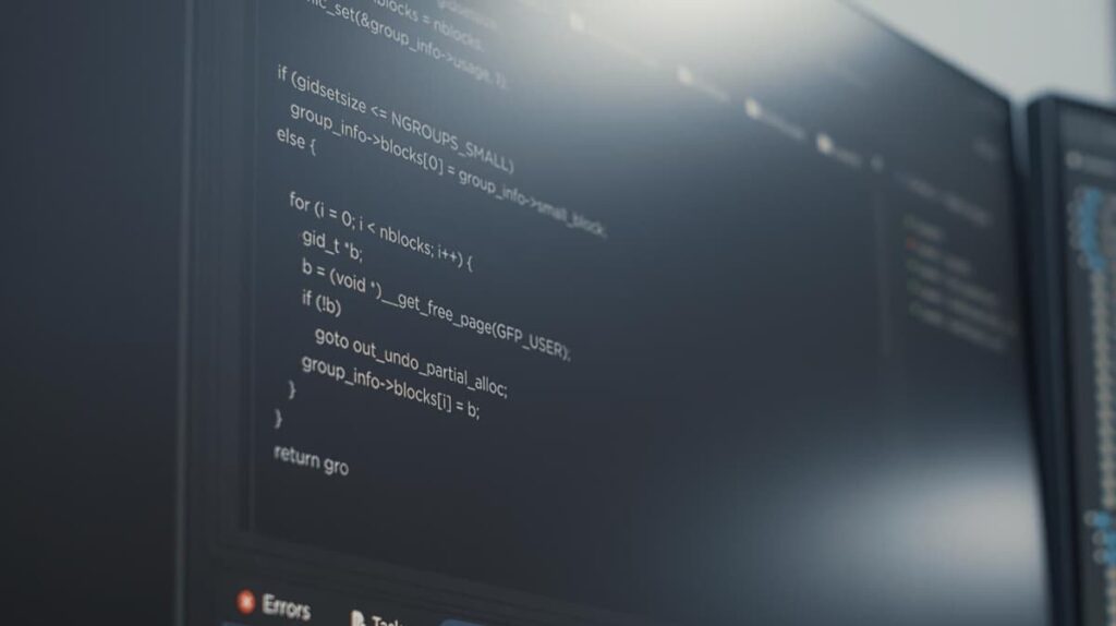 A dark screen displaying coding software with text and symbols